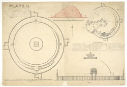 Plan, elevation and section of large stupa with notes, Sanchi