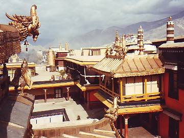 Roof of the Jokhang, toward the west. The Potala Palace can be seen in the distance.
