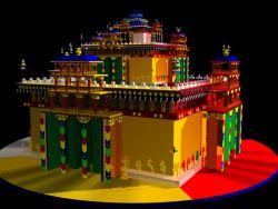 A modern computer generated image of the 3D Kālacakra maṇḍala palace, according to the description by Banda Gelek. The lower two stories with yellow external walls are the body and speech palaces. The