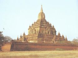 The Sulamani, dated to 1183, is an important landmark in understanding Bagan's development. The tower and finial are restoration.