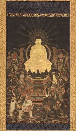 Shaka Sanzon (Shaka Triad).Historical Buddha in center, Fugen on left atop elephant,Monju on right atop lion. Painting H 124 cm. Nanboku Era (1333-1392).