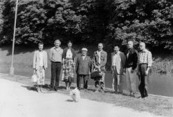 Buriat lamas in visiting Taola. Tallinn 1983. From left: E. Pärnaste, E. Jaanson, N. Väärtnõu, Laama Dugarsab, T. Promet, Lama Bahir, A. Arrak, J. Saard.