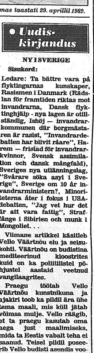 Eesti Päevaleht, 10 November 1989, page 7: "Uudiskirjandus", on Ny i Sverige