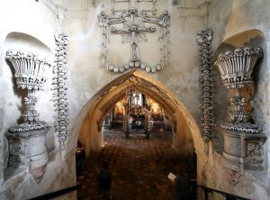 The Sedlec Church (Czech Republic), in which are collected and on display more than 40,000 skulls, which have been used to make nearly all the cult objects and to furnish the church!Source