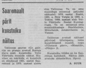 Saarte Hääl, 23 October 1990, page 1: "Saaremaalt pärit kunstniku näitus"