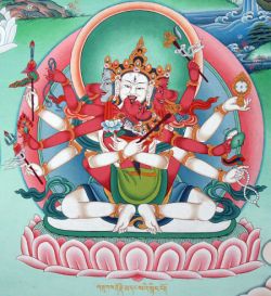 One pair of bodhisattva and consort: white Rūpavajrā in union with her consort, red Kṣitigarbha.