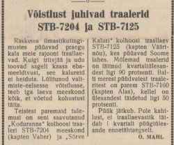Kommunismiehitaja, 26 January 1957, page 1: "Võistlust juhivad traalerid STB-7204 ja STB-7125" by O. Mahl