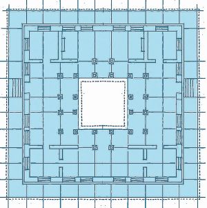 House grid with sloping roof and open courtyard.
