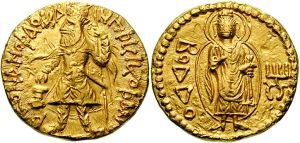 Gold coin of Kaniṣka I with Buddha image.