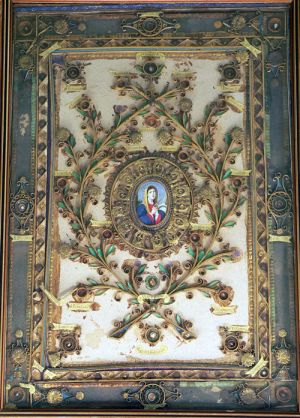 Over 40 different Christian Saint's relics are assembled on this frame.
