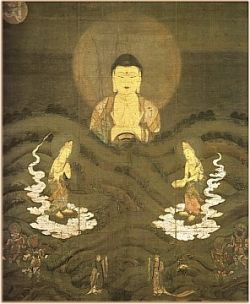山越阿弥陀図 - Yamagoe Amida, Lit. = Amida Coming Over the Mountain; Seishi at right, Kannon at left Hanging Scroll. Color on Silk. National Treasure of Japan. Kamakura Era, Treasure of Zenrin-ji Temple (Ky
