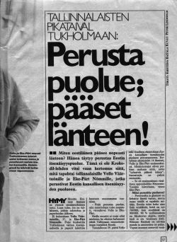 Page 57 of the Finnish magazine article "Perusta puolue; pääset länteen!" (1988), with the headline and the first columns of the text.