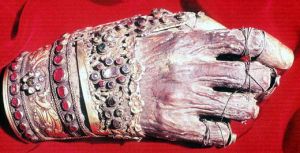 Ornamented mummified hand of a Greek Orthodox saint. Source
