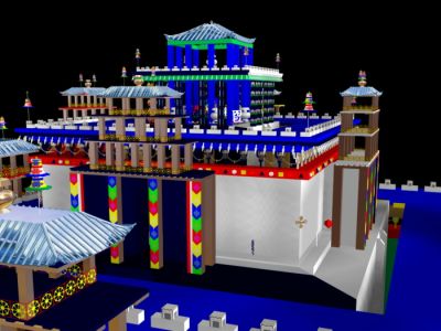 3D Kālacakra maṇḍala – computer image of the mind palace of the triple body, speech and mind maṇḍala of Kālacakra. At the lower right can be seen, colored in blue, the upper surface of the roof of the