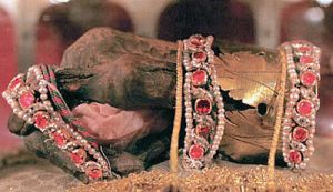 Ornamented mummified hand of the first king of Hungary, on display at a cathedral in Budapest.