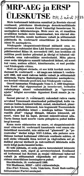 MRP-AEG ja ERSP ÜLESKUTSE (EPL 2. märts 1988)