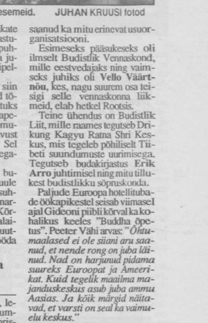 Päevaleht, 28 May 1994, page 11: the passage on the Buddhist Brotherhood and Vello Väärtnõu