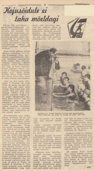 Spordileht, 6 January 1967, page 5: "Kojusõidule ei taha mõeldagi" by V. Ain, with the photo of Toomas Tuuling and his swimmers in the Kalev pool