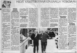The two facing pages 58 and 59 of the Finnish magazine article (1988) as one spread, with the banner headline and the large photo of Vello Väärtnõu and Eke-Pärt Nõmm walking in a street.