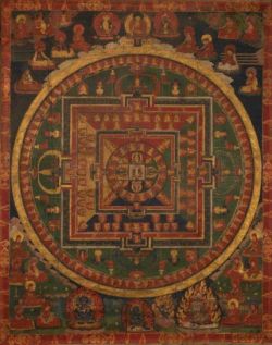 Mandala of Sarvavid Buddha Vairocana. Tibet; 17th century. Ground mineral pigments on cotton. Rubin Museum of Art.