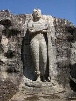 In this posture Buddha standing on Lotus and folding his two elbows touching both shoulders. This statue found only one in the world (Pollanaruva, Srilanka)