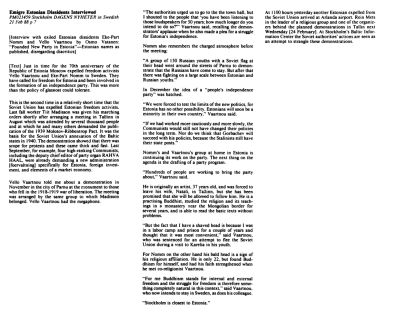 "Emigre Estonian Dissidents Interviewed": the Dagens Nyheter interview of 21 February 1988 in FBIS Daily Report: Soviet Union, 3 March 1988, pages 45 and 46