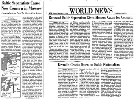 The Washington Post, 15 February 1988: "Baltic Separatists Cause New Concern in Moscow"