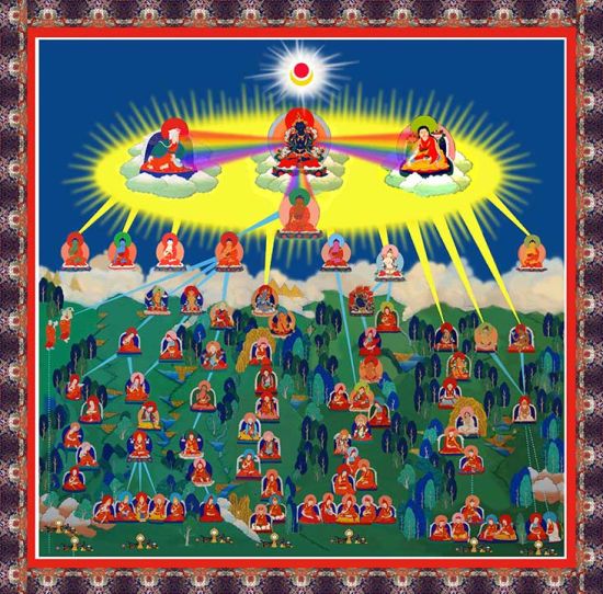 The major sects represented here include from left to right: Exoteric, Shingon, Geluk, Jonang, Sakya, Nyingma, Karma Kagyu, & Shangpa Kagyu. Note that all of these lineages trace their origin back to