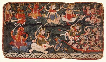 The eight riding different vahanas like (top row, second from left to right) , a , bull, a (/); (bottom row, from left) , and