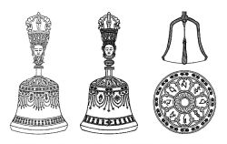 Lineart mapping the symbolism of the Ghanta or bell.