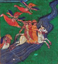 Painting showing Singha Sartha and other merchants escaping on a horse with demonesses in pursuit, from a Nepalese illustrated manuscript.